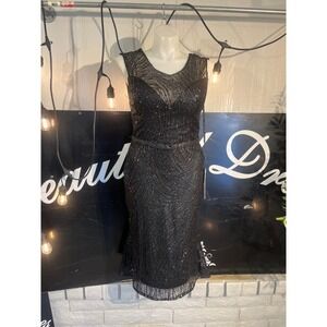 Royal QueenRQ7810 Black Sequin Embellished Sheer Neckline Cocktail Dress Size 18